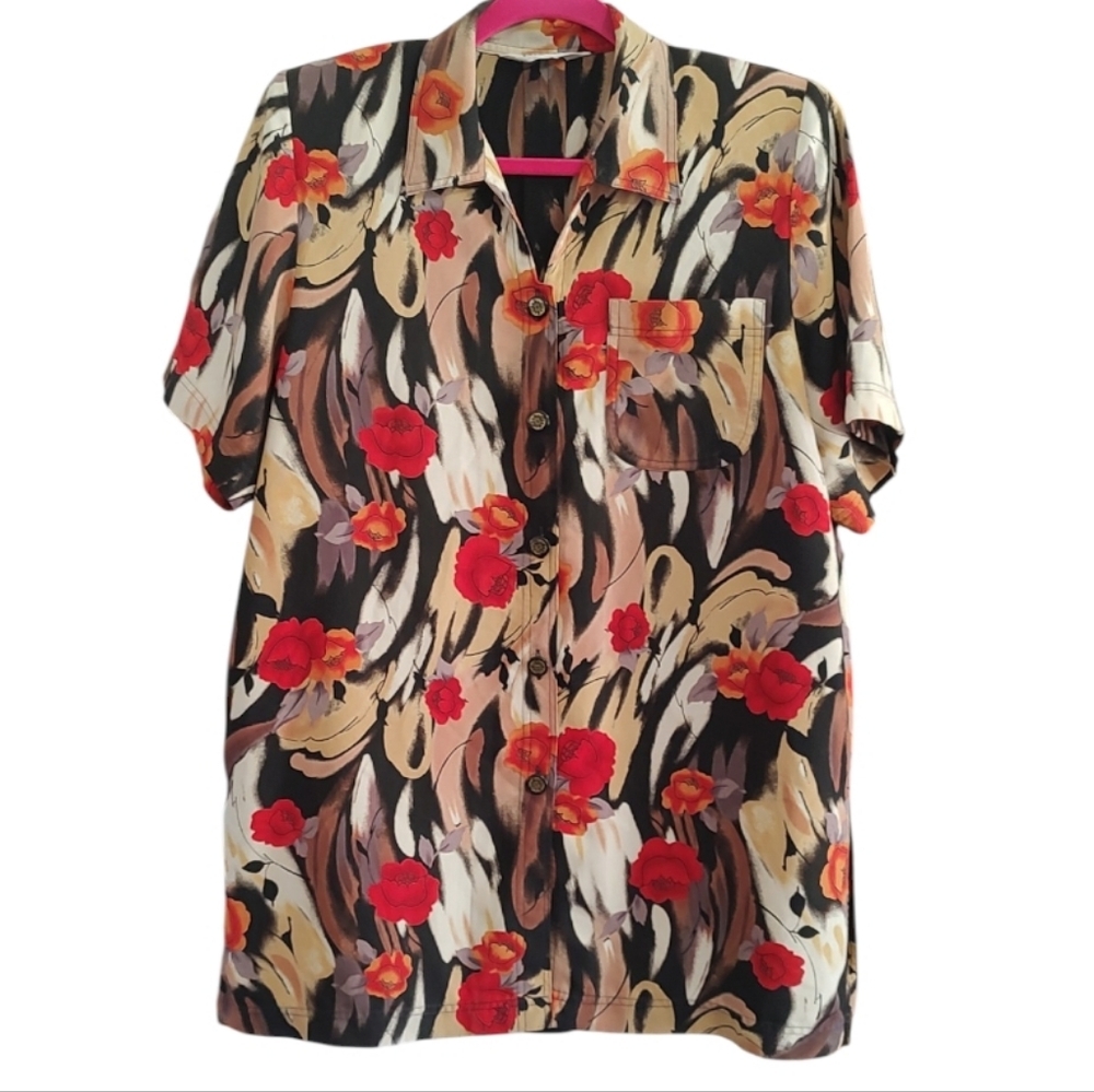 BAMBOO Vintage Red and Black Floral Design W/ Shoulder Pads Bottom Down